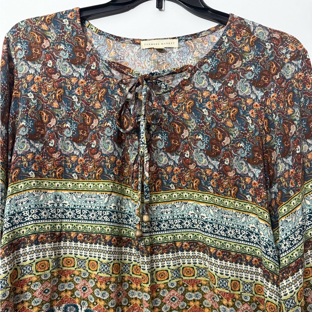 Farmers Market BOHO long sleeve blouse with lattice EUC - Picture 2 of 9